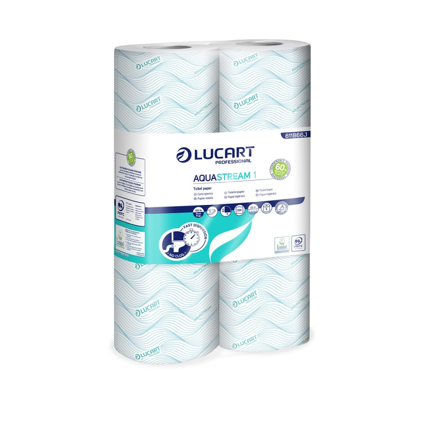 Toiletpapir Lucart Aquastream 1 2-lags Ø11cm L22mxB11cm Nyfiber med Hylse Hvid,12 pk x 6 stk/krt