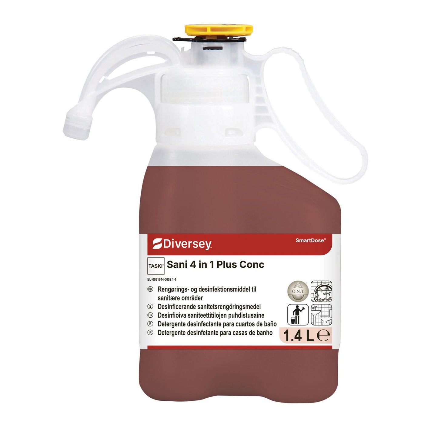 Sanitetsrengøring Surt Taski Sani 4 in 1 Plus Conc SD 1.4ltr med Parfume Rød,1.4 ltr/krt