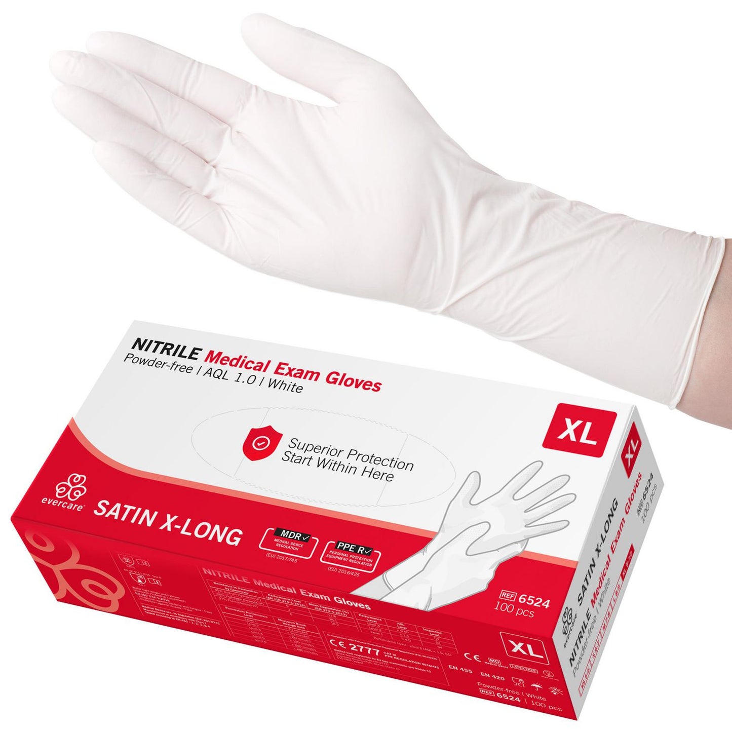 Undersøgelseshandske Engangs Satin Lang Str XL Nitril uden Pudder Hvid AQL 1.0,100 stk/bk
