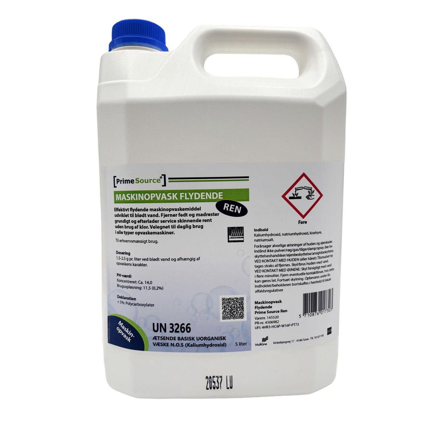Maskinopvask Flydende Prime Source Ren 5ltr uden Klor Blødt,5 ltr/dnk