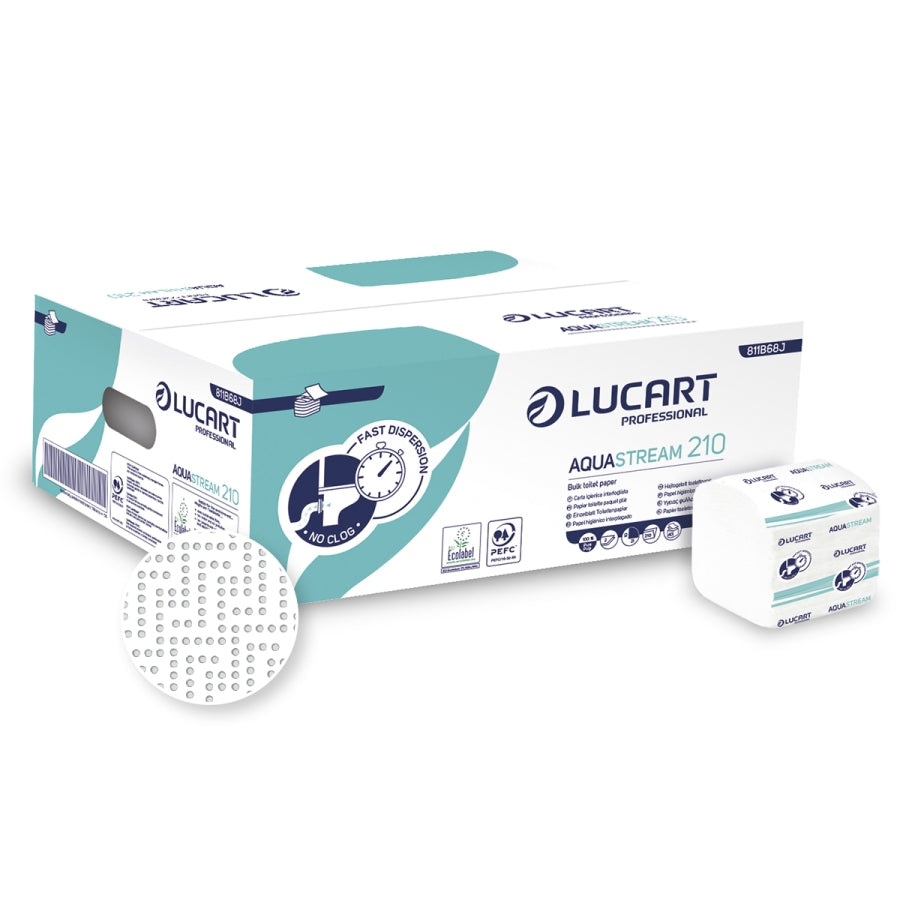 Toiletpapir Bulk Aquastream 210 2-lags B10xL21cm Ecolabel Nyfiber Hvid,40 pk x 210 stk/krt