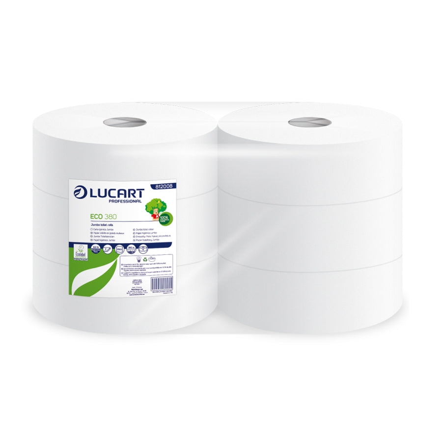 Toiletpapir Lucart Jumbo Eco 380 B8.9cmxL380m 2-lags Ecolabel med Hylse Hvid,6 rl/krt