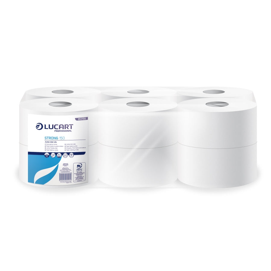 Toiletpapir Jumbo Mini Strong 150 B8.5cmxL150m 2-lags med Hylse Hvid Nyfiber,12 rl/krt