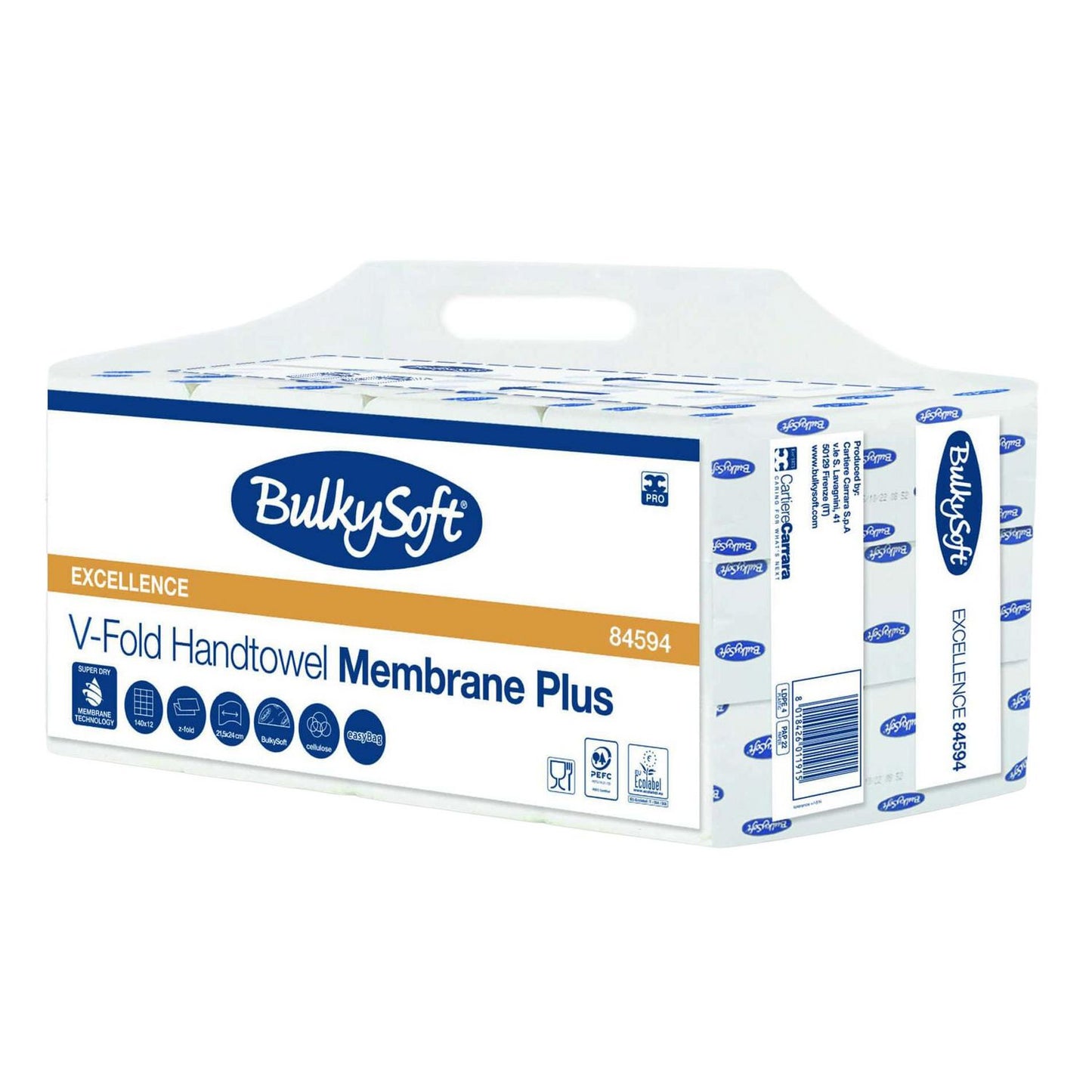 Håndklædeark Bulkysoft Membrane Plus V-fold 3-lag L21xB20.6cm Nyfiber Hvid,12 pk x 180 stk/krt