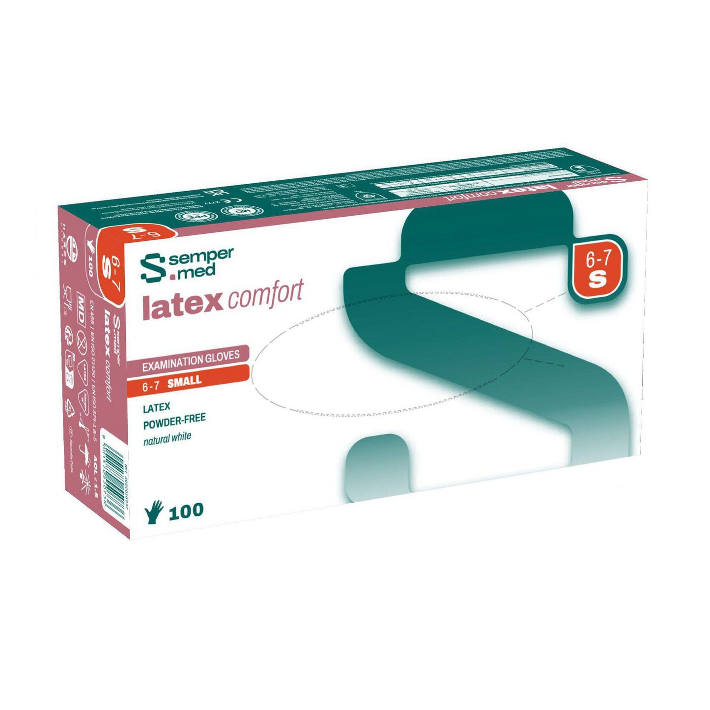Handske Engangs Sempermed Comfort str S Latex uden Pudder Hvid AQL 1.5,100 stk/pk