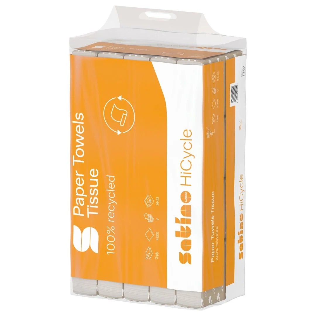 Håndklædeark Satino HiCycle V-fold 2-lag L24xB23xD11.5cm Genbrug Hvid,20 pk x 200 stk/krt