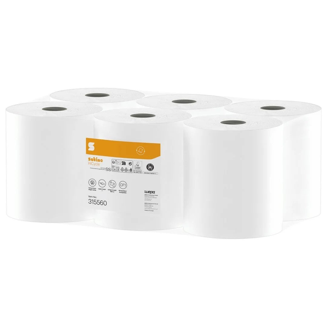 Håndklæderulle Satino Comfort 1-lag Ø20xB20cmxL300m Perforeret M/Hylse Hvid,6 rl/krt