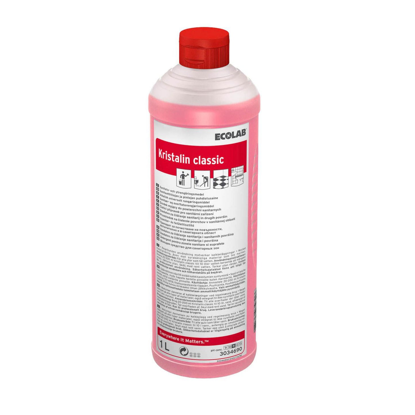 Sanitetsrengøring Kristalin Classic Alkalisk med Farve/Parfume 1 ltr Rød,12 fl x 1 ltr/krt