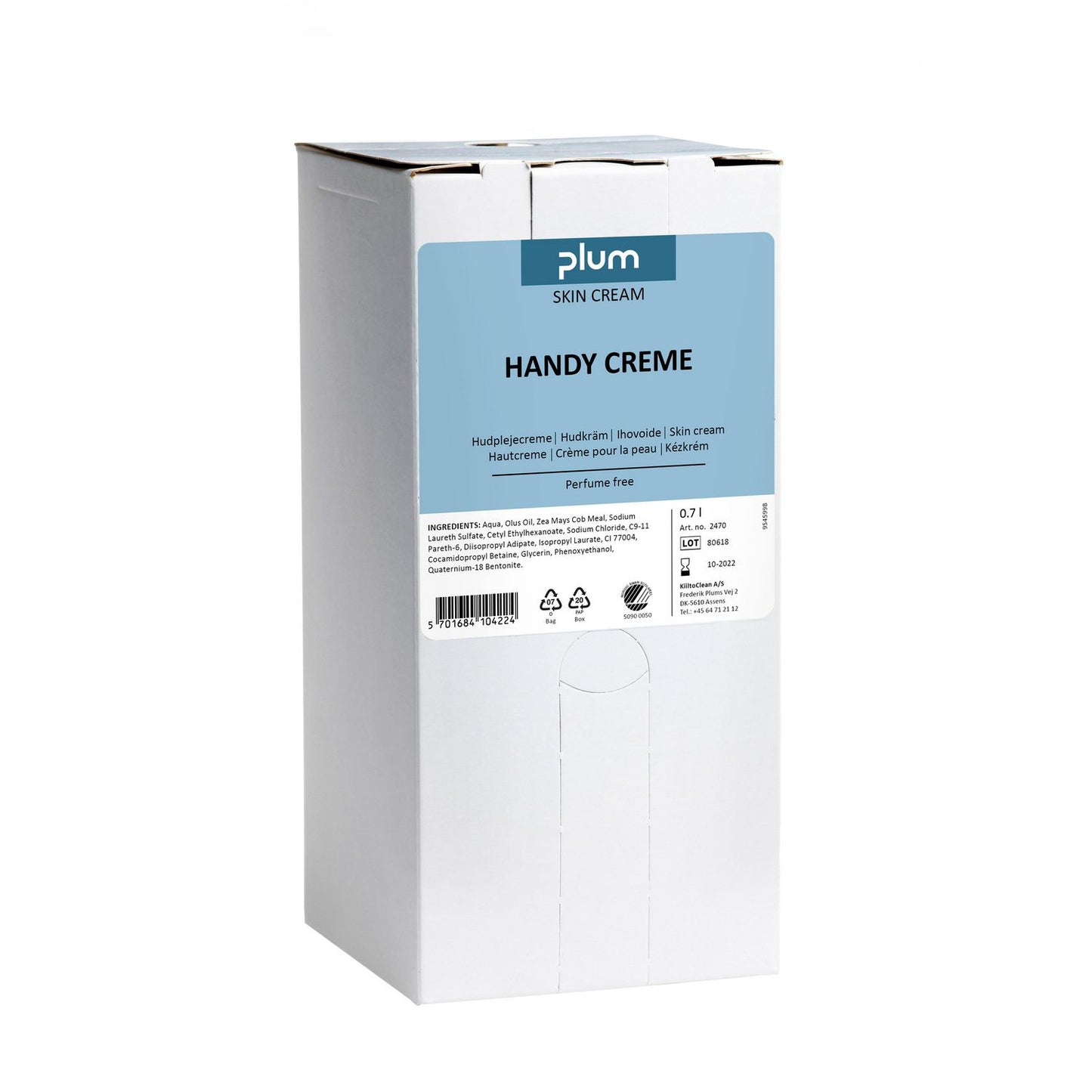 Hudcreme Plum Handy Creme 700ml Svanemærket uden Parfume Bag-in-box 15% fedt,1 Stk