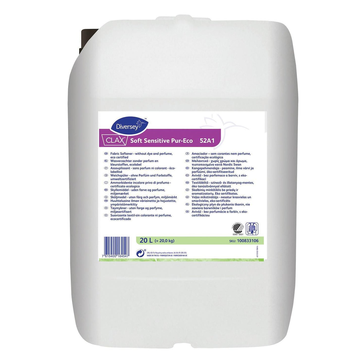 Tøjvask Skyllemiddel Clax Soft Sensitive Pur-Eco 52A1 Svane uden Parfume 20 ltr,20 ltr/dnk
