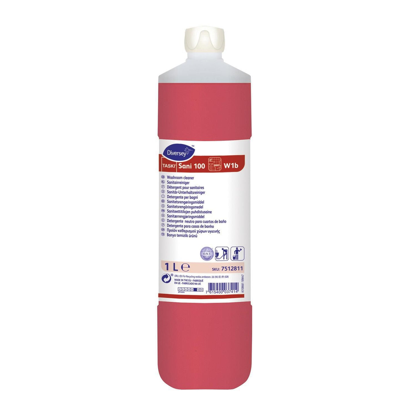 Sanitetsrengøring Sani 100 W1b Alkalisk med Farve/Parfume 1 ltr Rød,1 ltr/fl