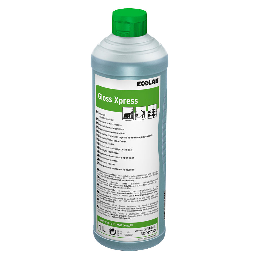 Universalrengøring Gloss Xpress neutral pH t Blank/Polishbehand gulv 1 ltr Grøn,12 fl x 1 ltr/krt