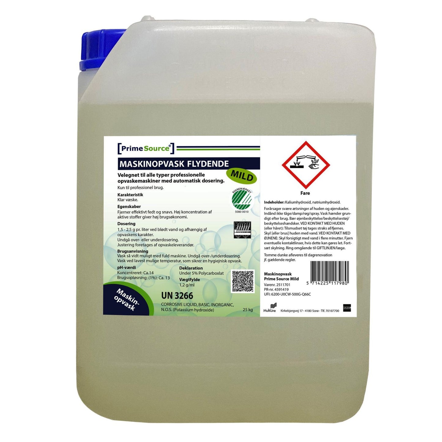 Maskinopvask Flydende Prime Source Mild 25kg Svanemærket uden Klor,25 kg/dnk