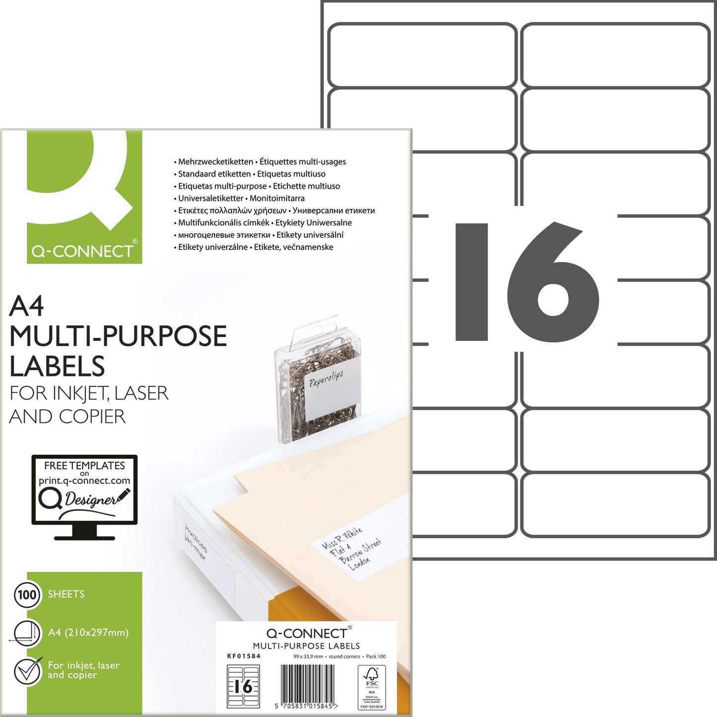 Q-connect multietiketter A4 33,9x99mm hvid