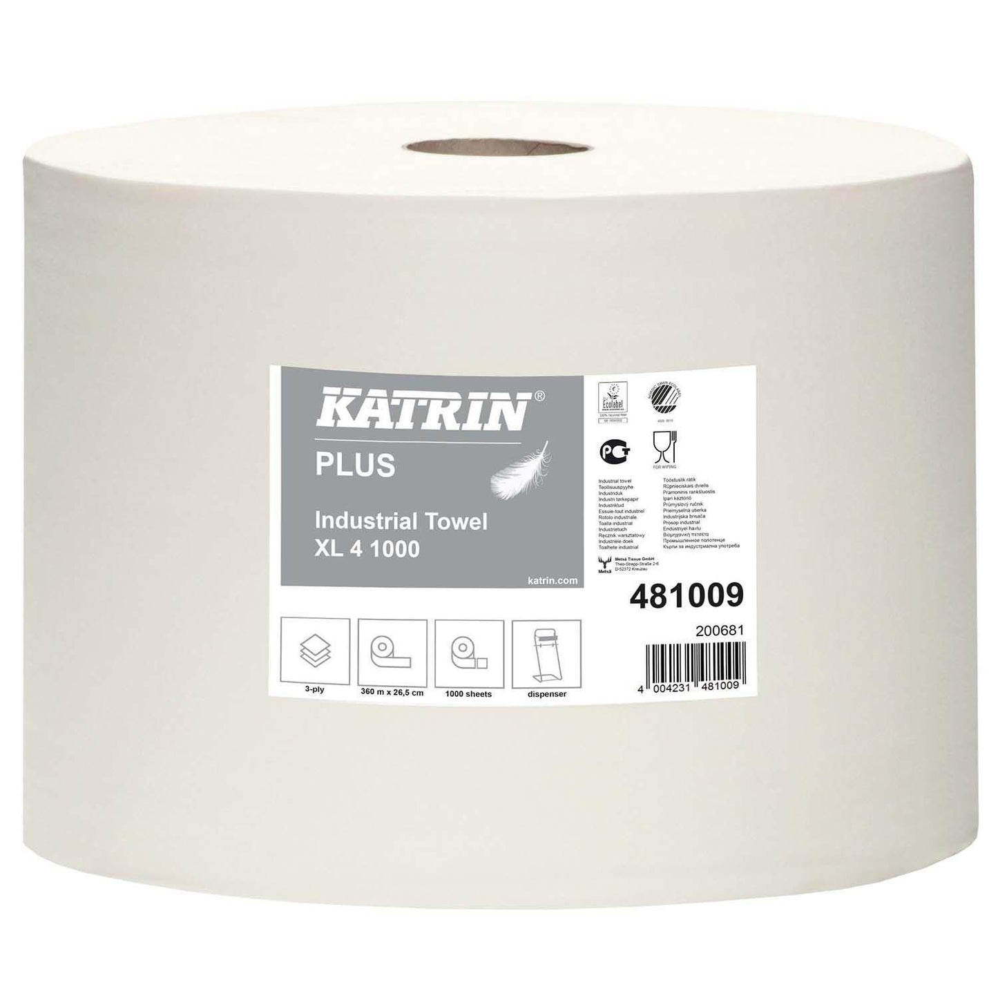 Aftørringsrulle Industri Katrin Plus 4-lag Ø36cm B26.5cmxL360m Nyfiber Hvid,360 m/rl