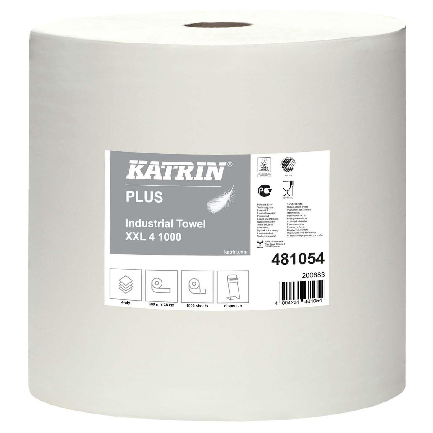 Aftørringsrulle Industri Katrin Plus 4-lag Ø36cm B38cmxL360m Mix Hvid,1 Rl