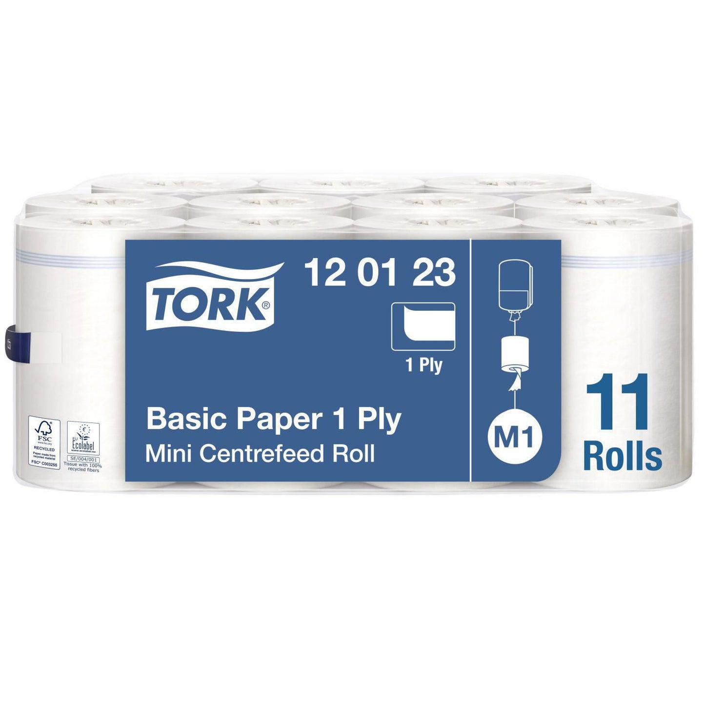 Håndklæderulle Tork Basic Mini M1 1-lag Ø14xB21.5cmxL120m U/Hylse Mix Hvid,11 rl/krt