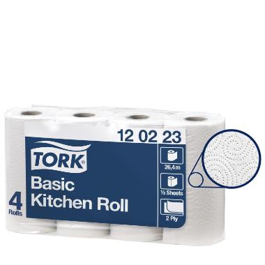 Køkkenrulle Tork Basic 2-lag 25.8 m ark 14cm x 20,6 cm,8 pk x 4 rl/krt