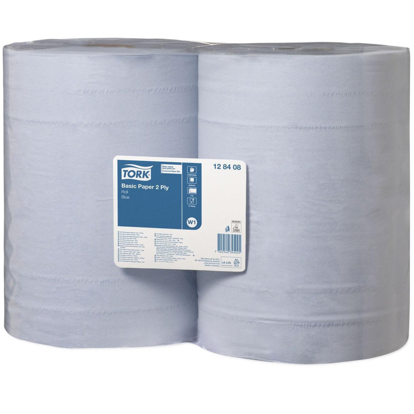 Aftørringsrulle Industri Tork Basic W1 2-lag Ø26.3cm B36.9xL340m Genbrug Blå,2 rl x 340 m/krt