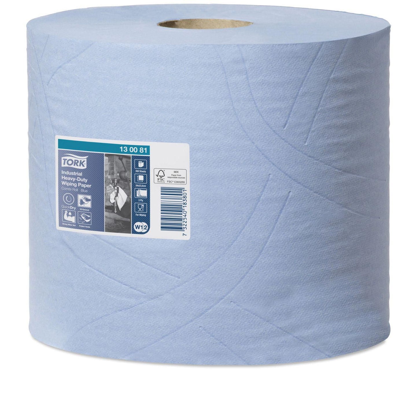 Aftørringsrulle Industri Tork W1/W2 3-lag Ø26.2cm B23.5cmxL119m Nyfiber Blå,2 rl x 119 m/krt