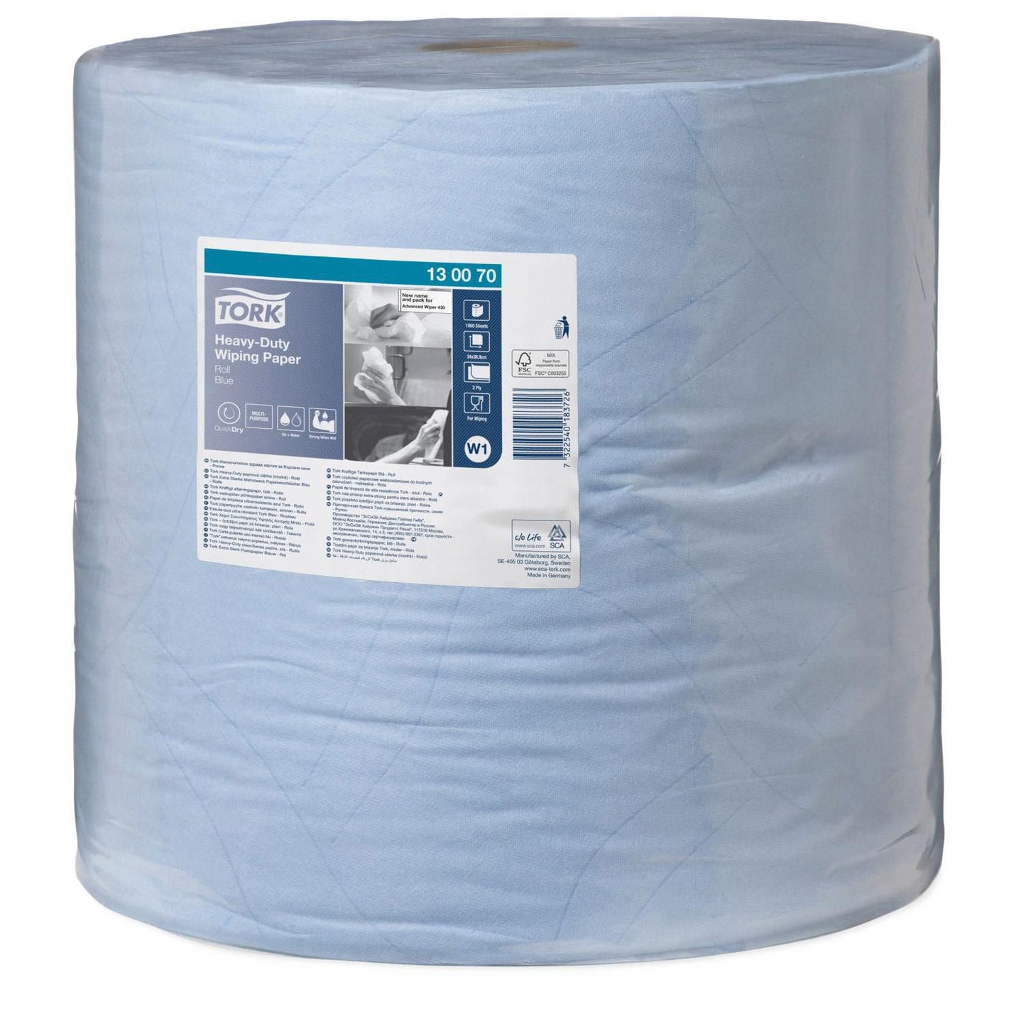 Aftørringsrulle Industri Tork W1 2-lag Ø37.5cm B36.9cmxL340m Nyfiber Blå,340 m/krt