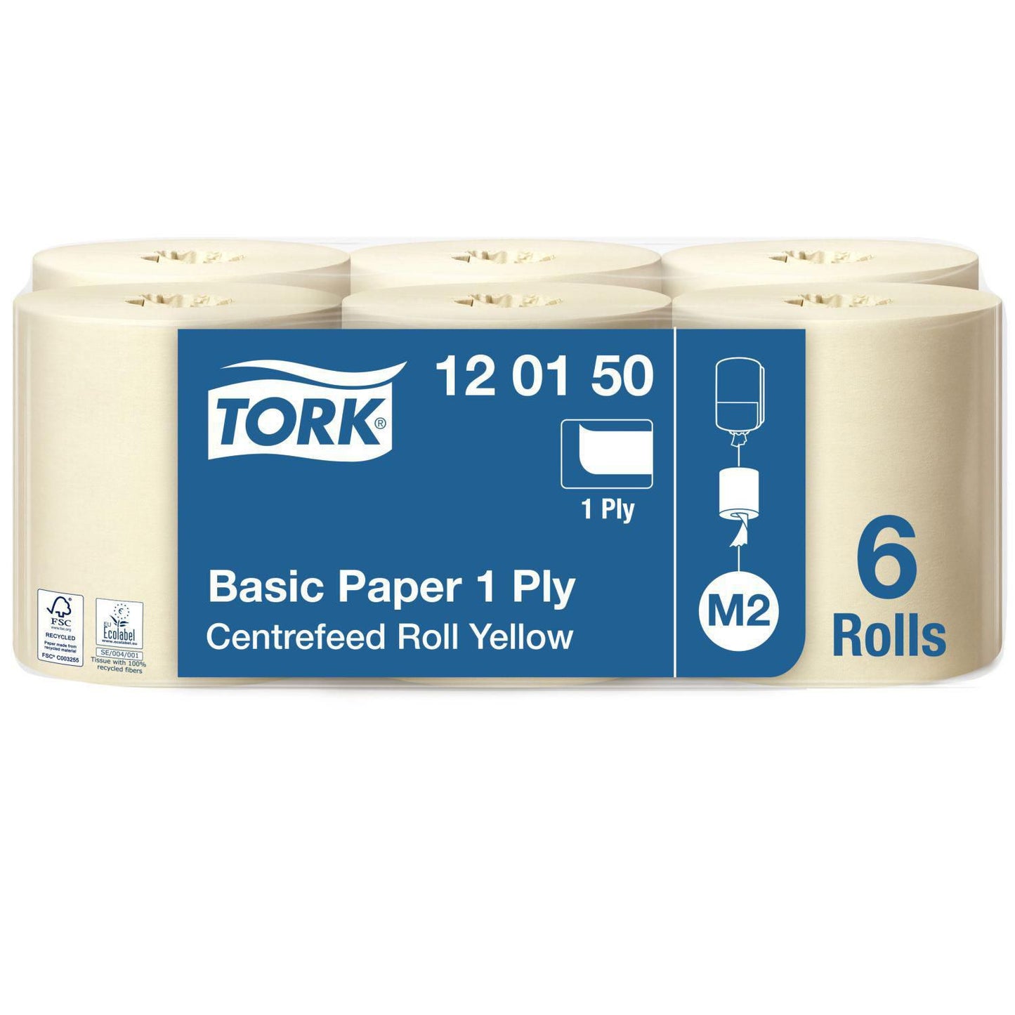 Håndklæderulle Tork Basic Midi M2 1-lag Ø19xB20.5cmxL300m U/Hylse Genbrug Gul,6 rl/krt
