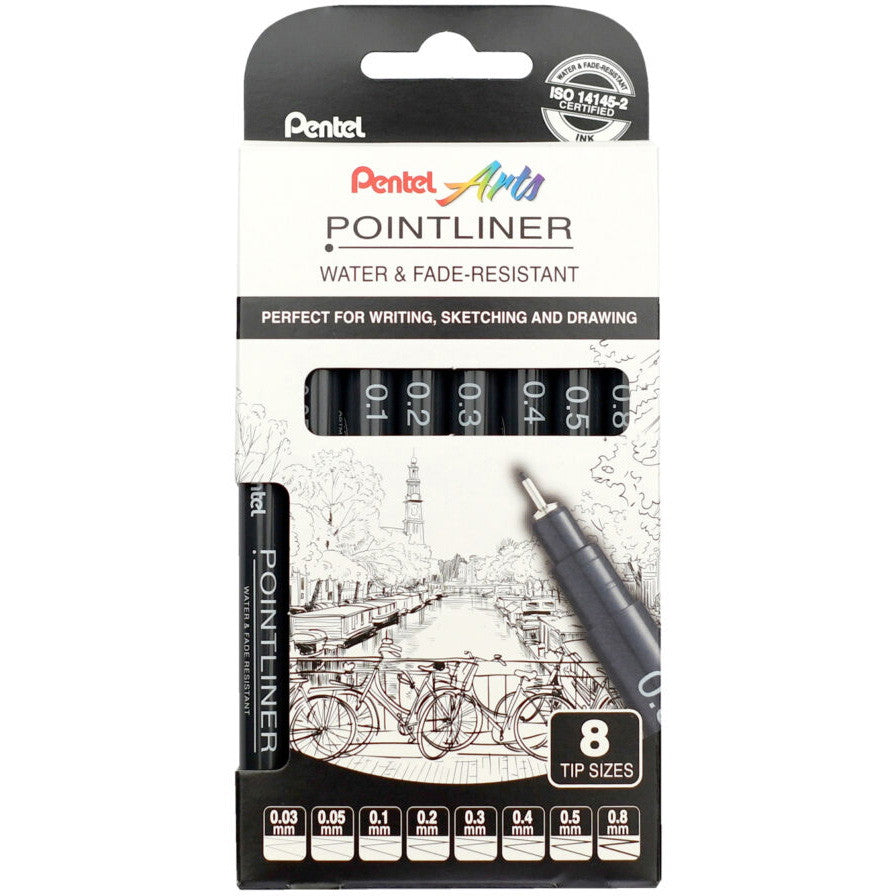 Pentel YS20P fineliner 0,03-0,8mm sort 8stk