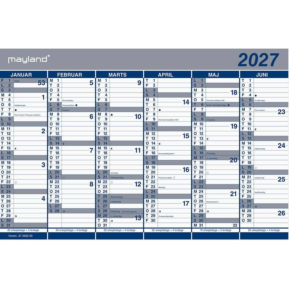 Mayland 2027 27063000 dobbelt halvårskalender 29x44cm blå