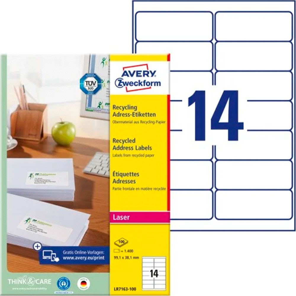 Avery LR7163-100 etiketter genbrugspapir 99,1x38,1mm råhvid