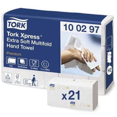 Håndklædeark Tork Premium H2 M-Fold 2-lag L34xB21.2xD8.5cm Nyfiber Hvid,21 pk x 100 stk/krt