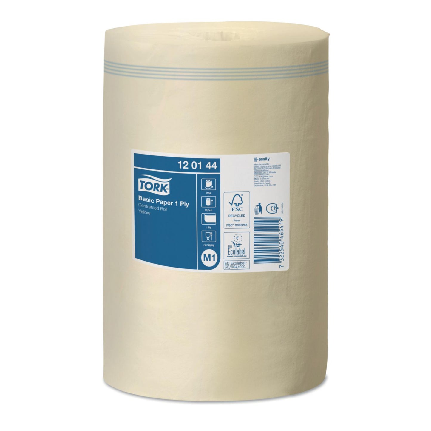 Håndklæderulle Tork Basic Mini M1 1-Lag Ø14xB20.5cmxL115m U/Hylse Gul Genbrug,11 stk/krt