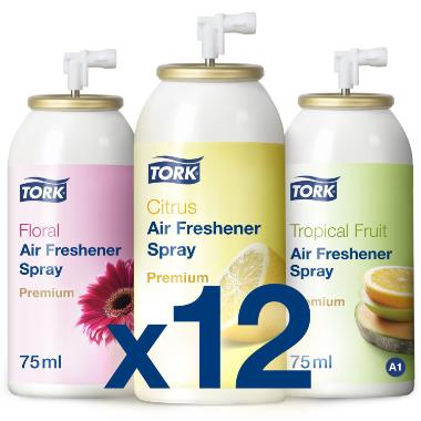 Luftfrisker Aerosol Tork Airfreshener Assorteret 75ml m Parfume t Spray A1 disp,12 ds x 75 ml/krt
