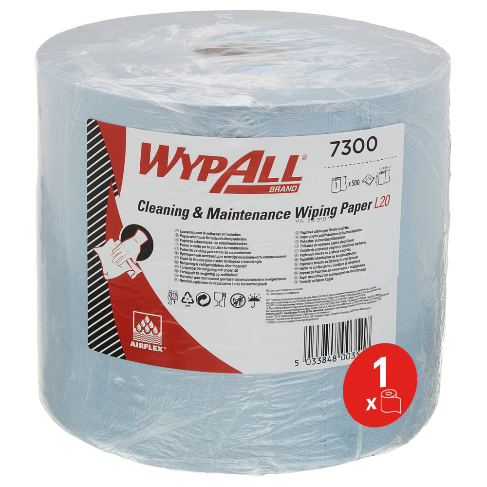 Aftørringsrulle Industri Wypall L20 2-lag Perfo. Ø26.5xB23.5cmxL190m Genbrug Blå,1 Rl/krt