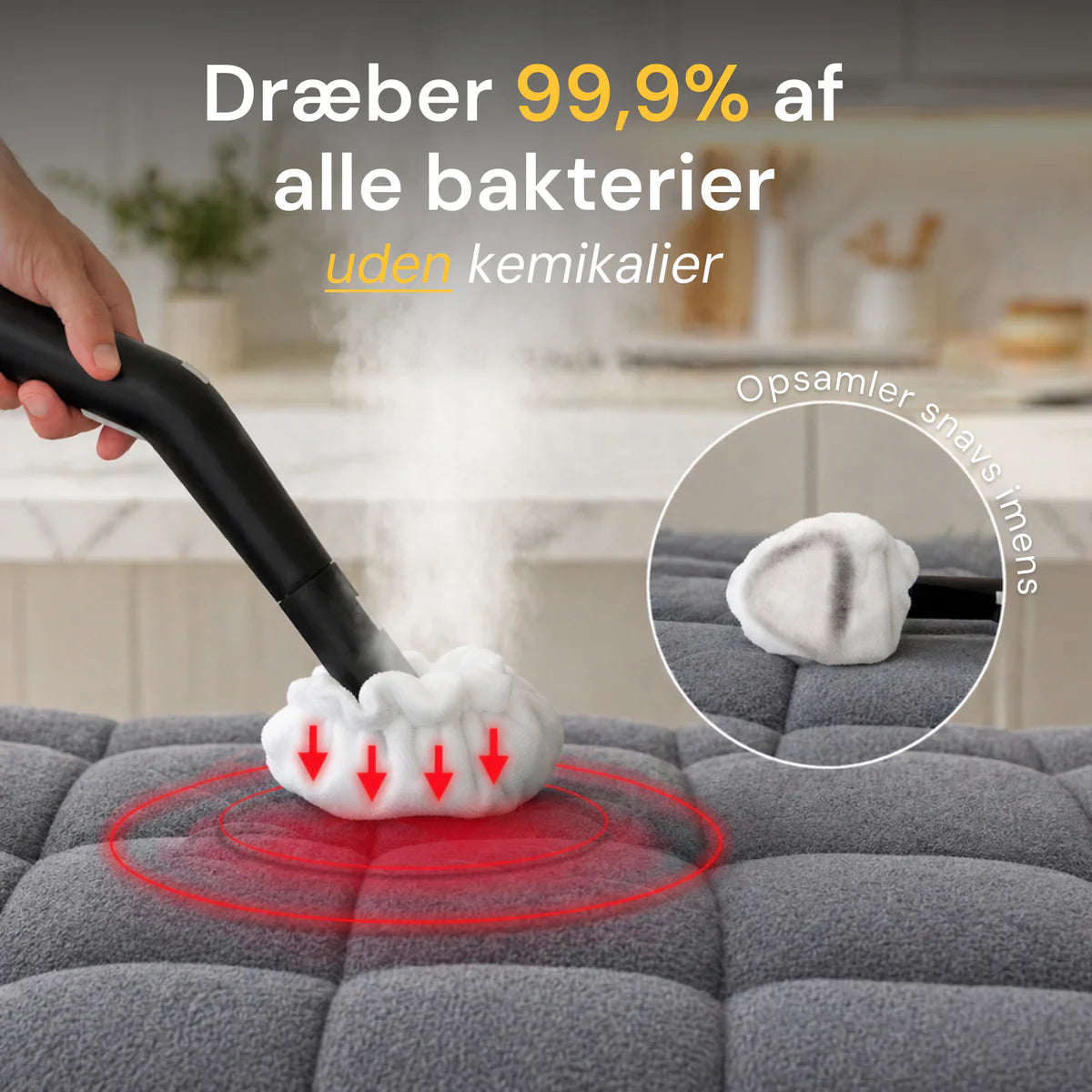 Rennoa™ SteamCleaner Pro damprenser med sort håndtag renser grå stof sofa uden kemikalier