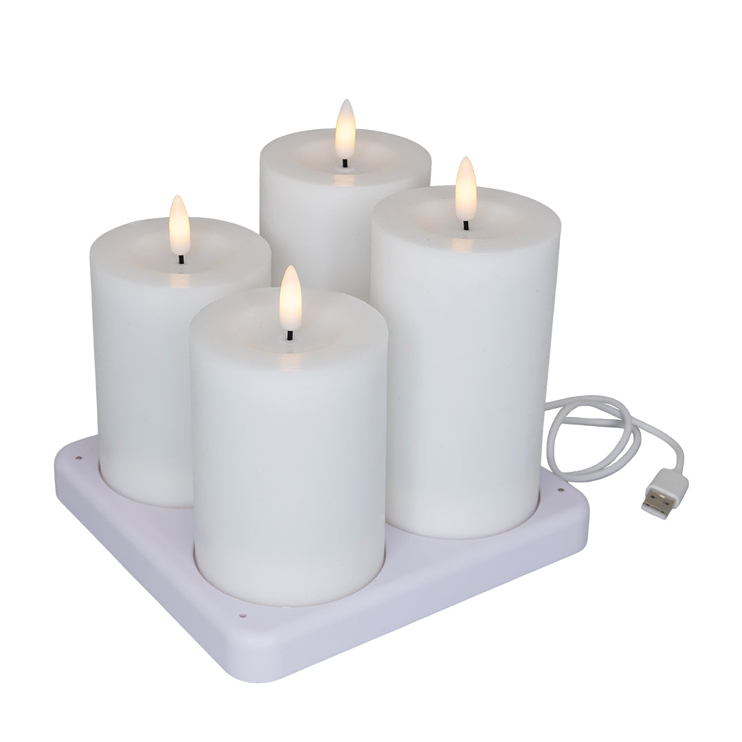 LED-Bloklys 4 stk genopladelig Ø7,5xH10/H12,5cm hvid med ladestation,1 bk