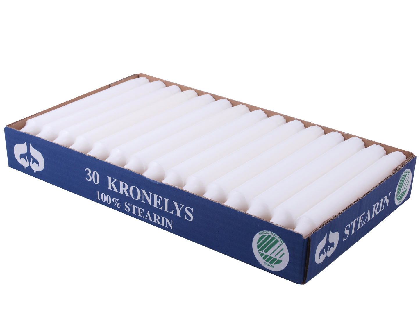 Kronelys Ø23xH200mm Brændetid 7 Timer Stearin Svanemærket Hvid,30 stk/pk