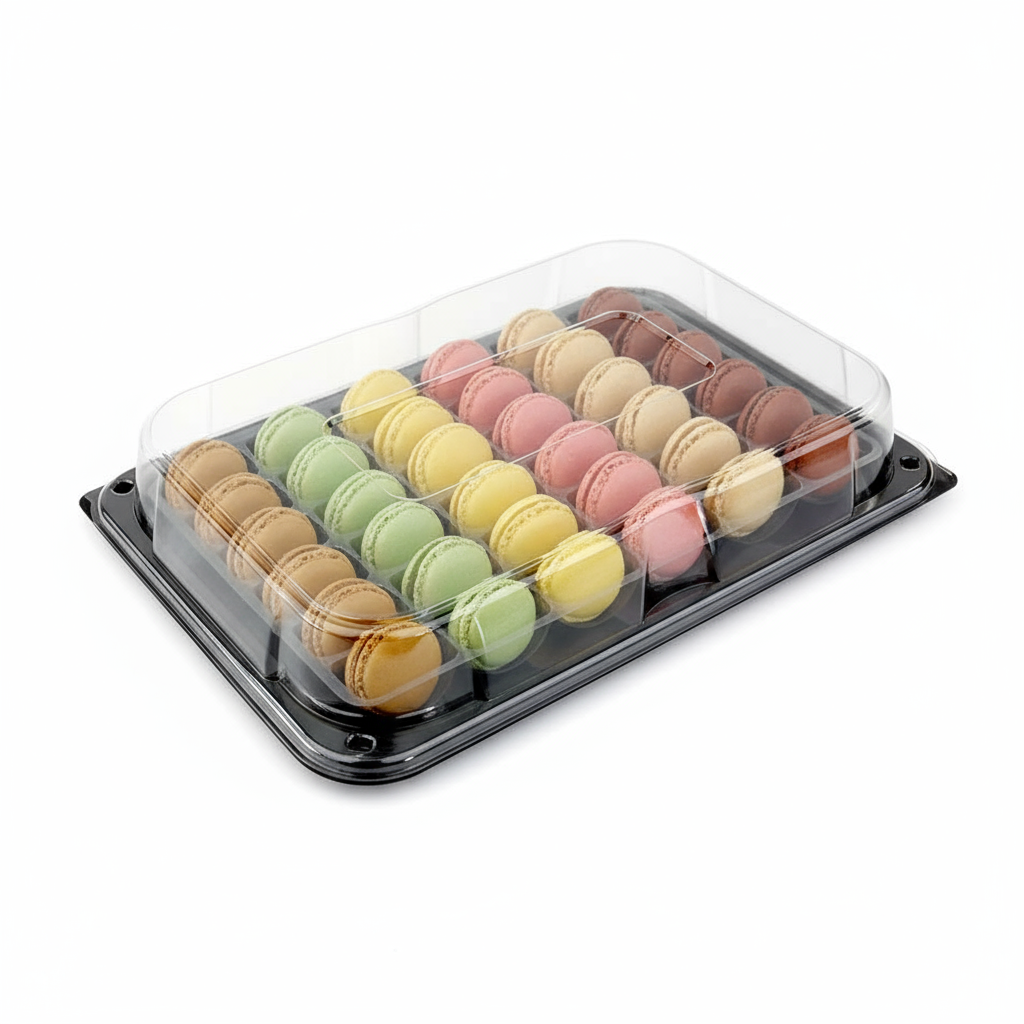 Plastbakke 1-rum – 350x240 mm, Sort fad m. løst klart låg RPET, 25 stk./krt.