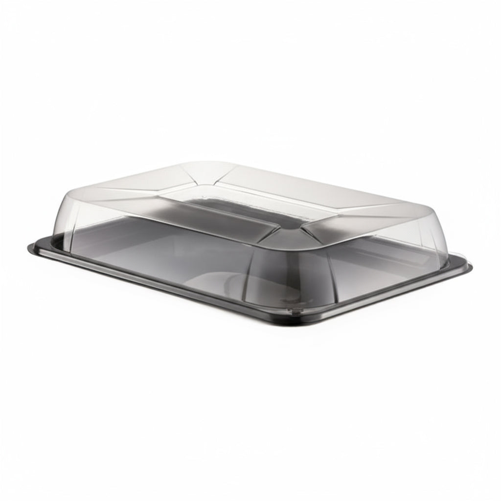 Plastbakke 1-rum – 350x240 mm, Sort fad m. løst klart låg RPET, 25 stk./krt.