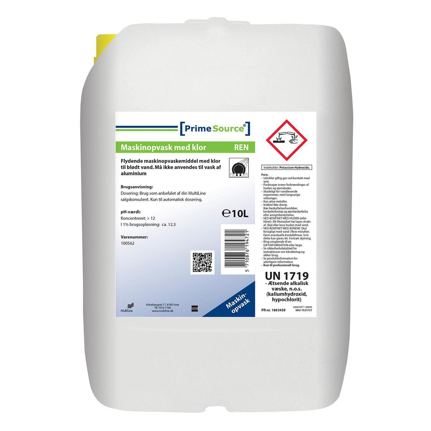 Maskinopvask Flydende Prime Source Ren 10ltr med Klor Blødt til belægninger,12,3 kg/dnk