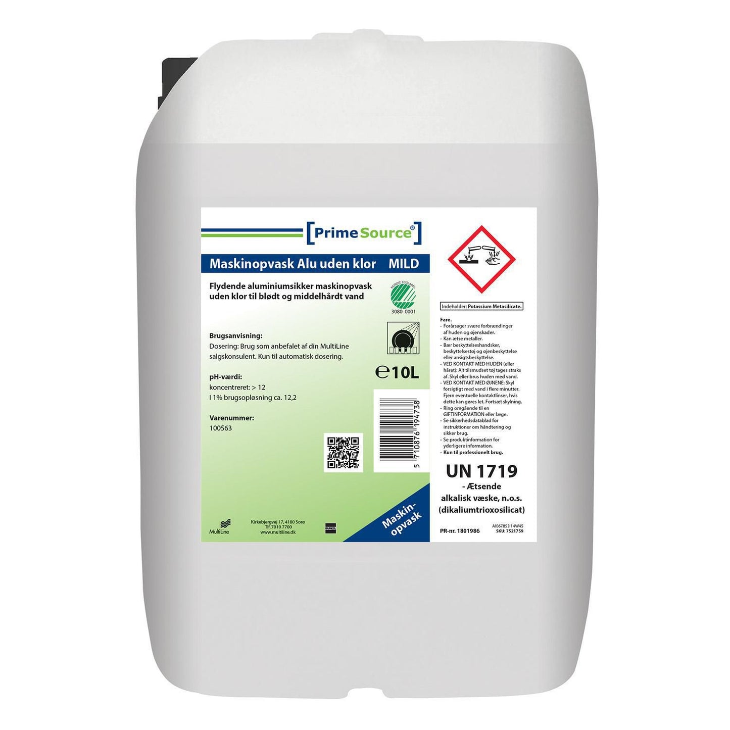 Maskinopvask Flydende Prime Source Mild Alu 10ltr Svanemærket uden Klor til alu,10 ltr/dnk