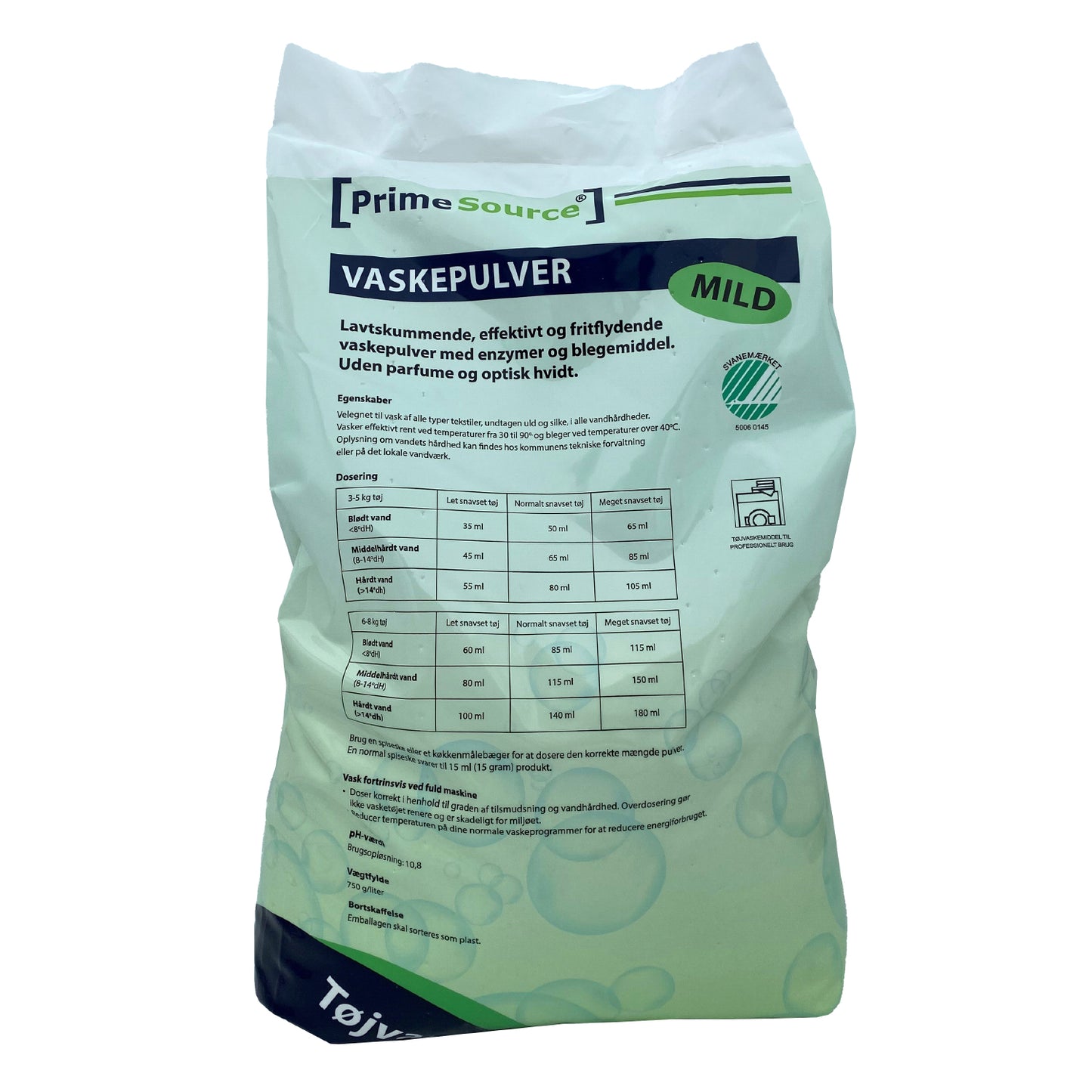 Vaskepulver Prime Source Mild 10kg Svanemærket uden Parfume/Optisk hvidt,10 kg/sæk