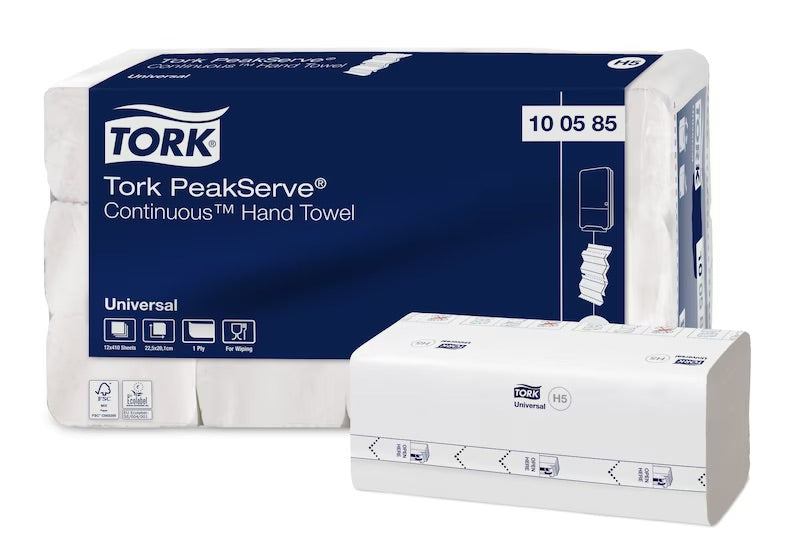 Håndklædeark, Tork, PeakServe, H5 Universal, 1-lags, 225 x 201 x 80mm, hvid, 100% nyfiber (4920 stk)