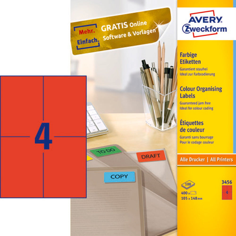 Avery 3456 105x148mm etiketark rød 400stk
