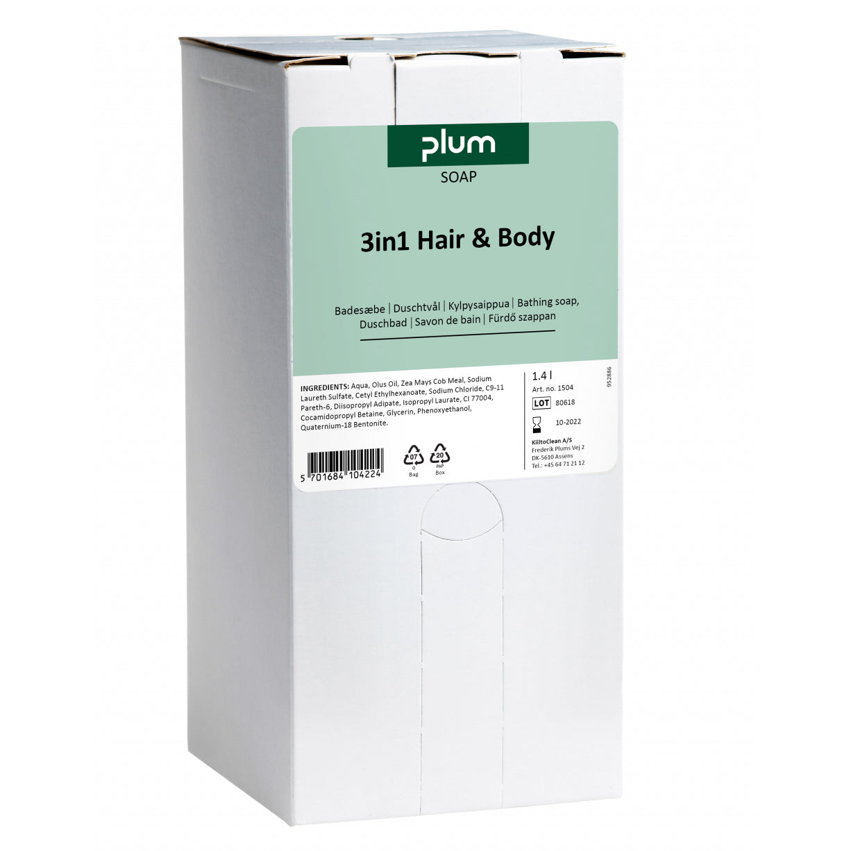 Cremesæbe PLUM 3i1 Hair and Body badesæbe til MultiPlum 2000 dispenser 1.4 ltr,8 stk x 1,4 ltr/krt