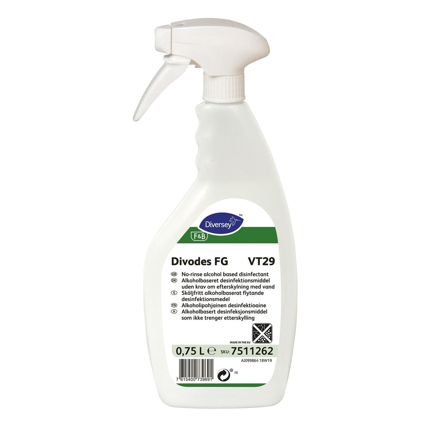 Desinfektion Divodes FG VT29 klar-til-brug med alkohol Fødevaregodkendt 750 ml,6 fl x 750 ml/krt