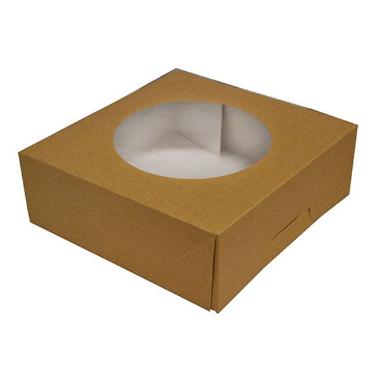 Kageæske hængslet låg høj L190xB190xH80mm pap/plast med rund rude brun/hvid,100 stk/krt