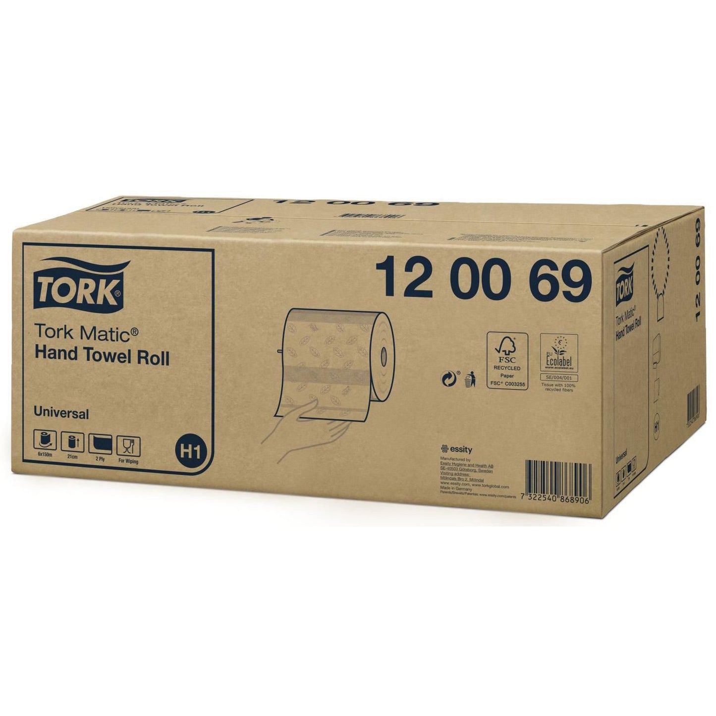 Håndklæderulle Tork Matic Universal H1 System 2-lag Ø19xB21cmxL150m M/Hylse Hvid,6 rl/krt