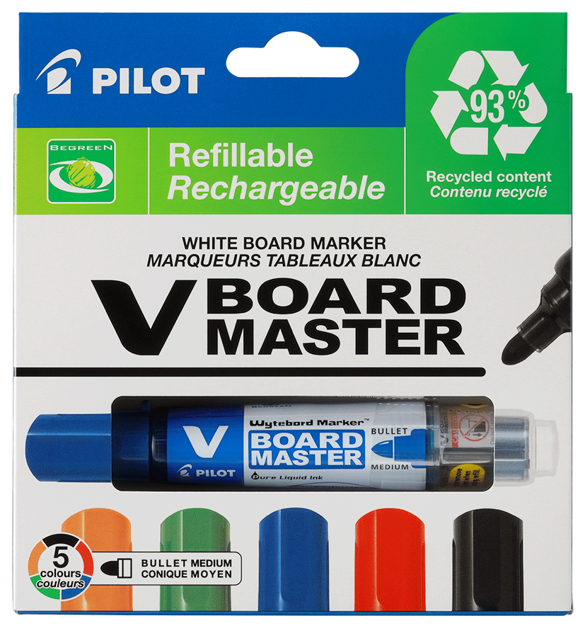 Pilot BeGreen V Board Master sampak bestående af 5 forskellige farver whiteboardtusser