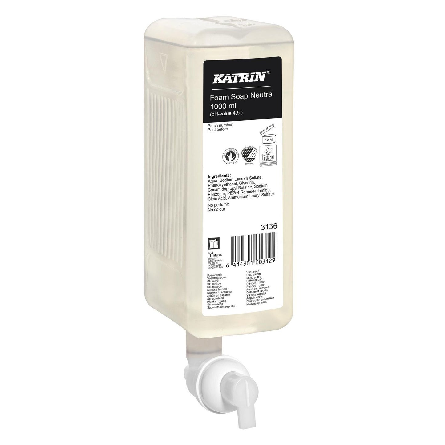 Sæbe Skum Katrin Refill til Dispenser uden Farve/Parfume 1 ltr,6 fl x 1 ltr/krt