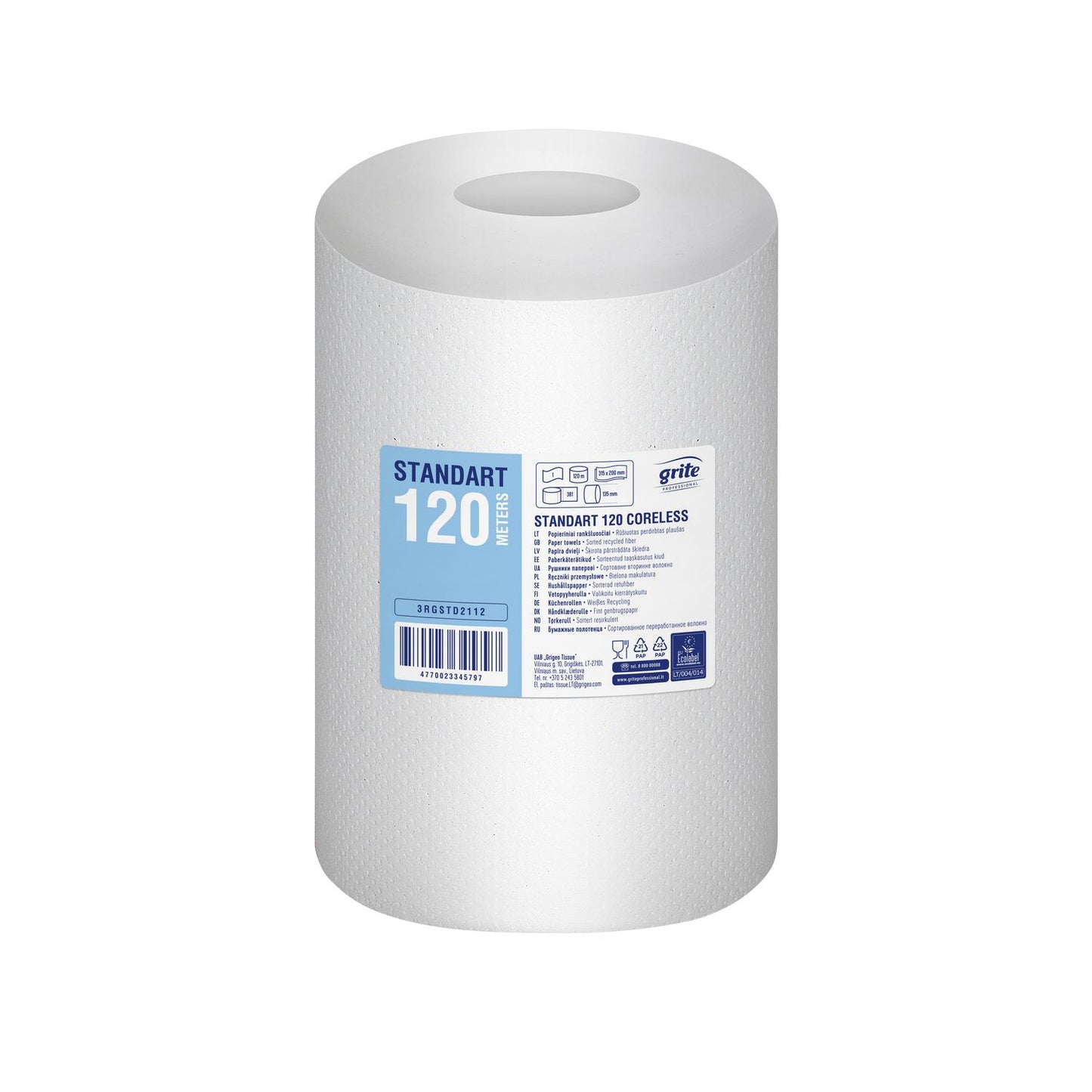 Håndklæderulle Grite 1-lag Ø13.5xB20cmxL120m U/Hylse Genbrug Natur,12 rl/krt